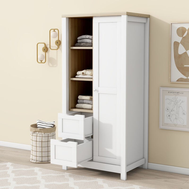 Modern Farmhouse Wardrobe with Sliding Door, Drawers, and Shelves