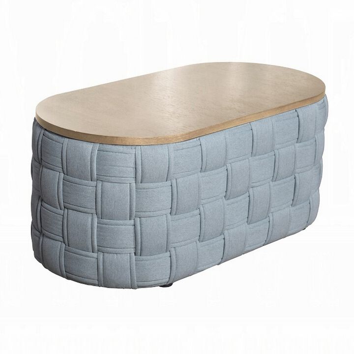 Reah Coffee Table, Knitted Light Blue Chenille, Brown Wood, 41 Inch - Benzara