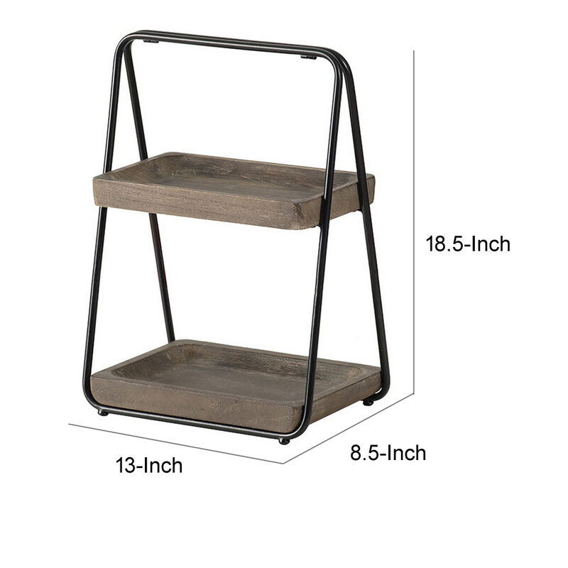 Nick 19 Inch 2 Tier Decorative Tray Stand, Black Iron Frame, Gray Wood - Benzara