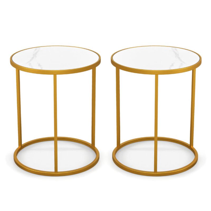 Hivvago 16 Inch Marble Top Round Side Table with Golden Metal Frame for Living Room Bedroom