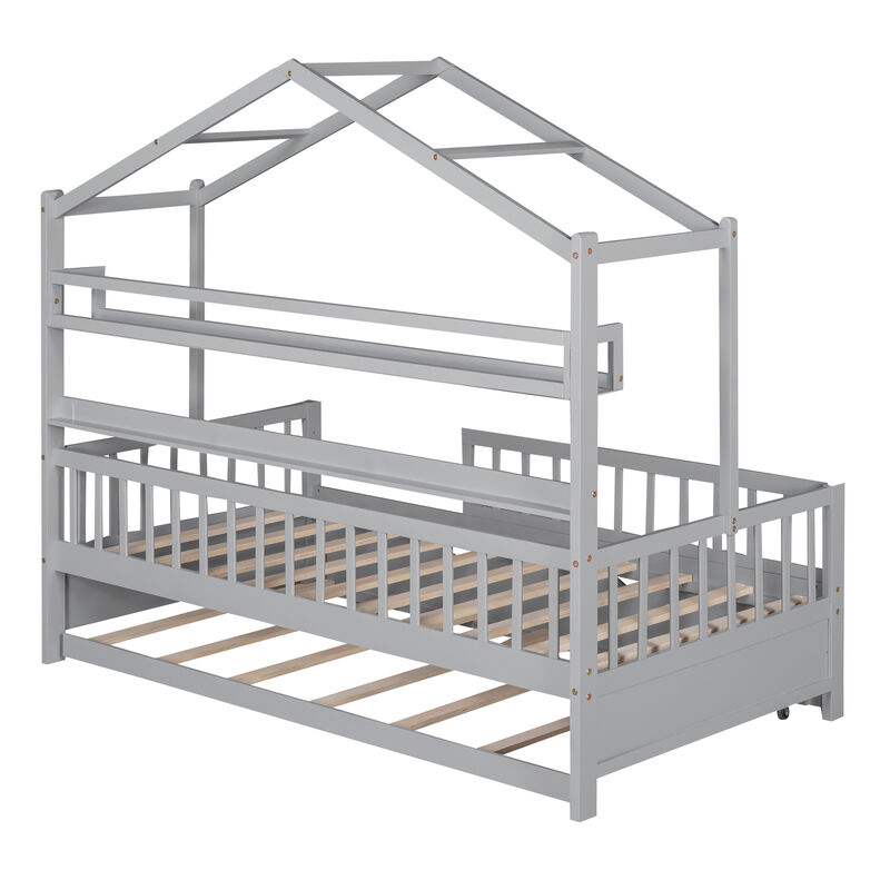 Merax Wooden House Bed with Twin Size Trundle