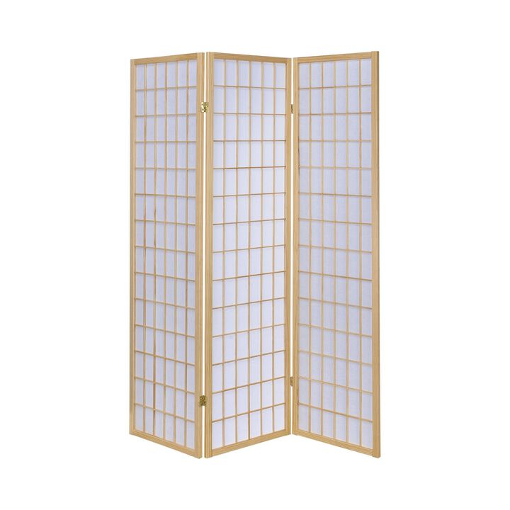 3 Panel Foldable Wooden Frame Room Divider with Grid Design, Brown-Benzara