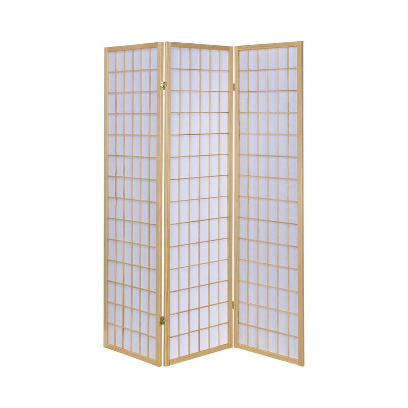 3 Panel Foldable Wooden Frame Room Divider with Grid Design, Brown-Benzara