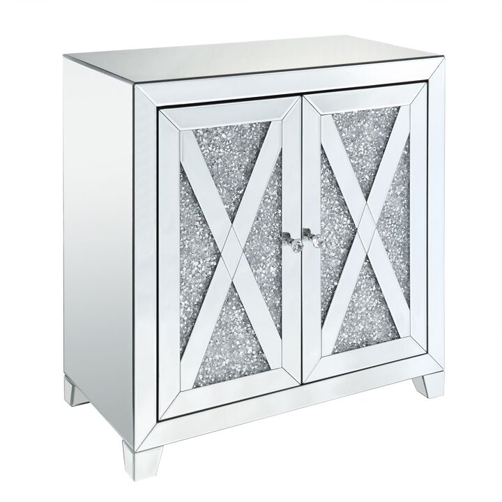 Storage Cabinet with Mirror Trim and X Shape Design, Silver-Benzara