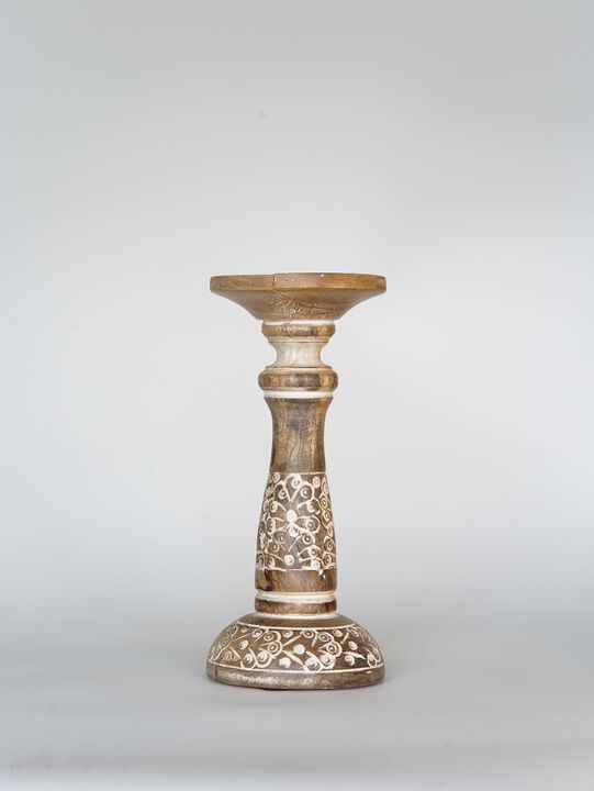 Traditional White Wash Eco-friendly Handmade Mango Wood Set Of One 9" Pillar Candle Holder