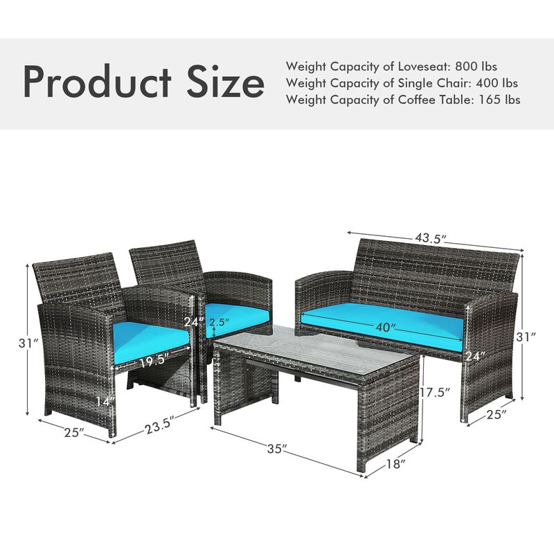 4 Pcs Patio Rattan Furniture Set Top Sofa With Glass Table