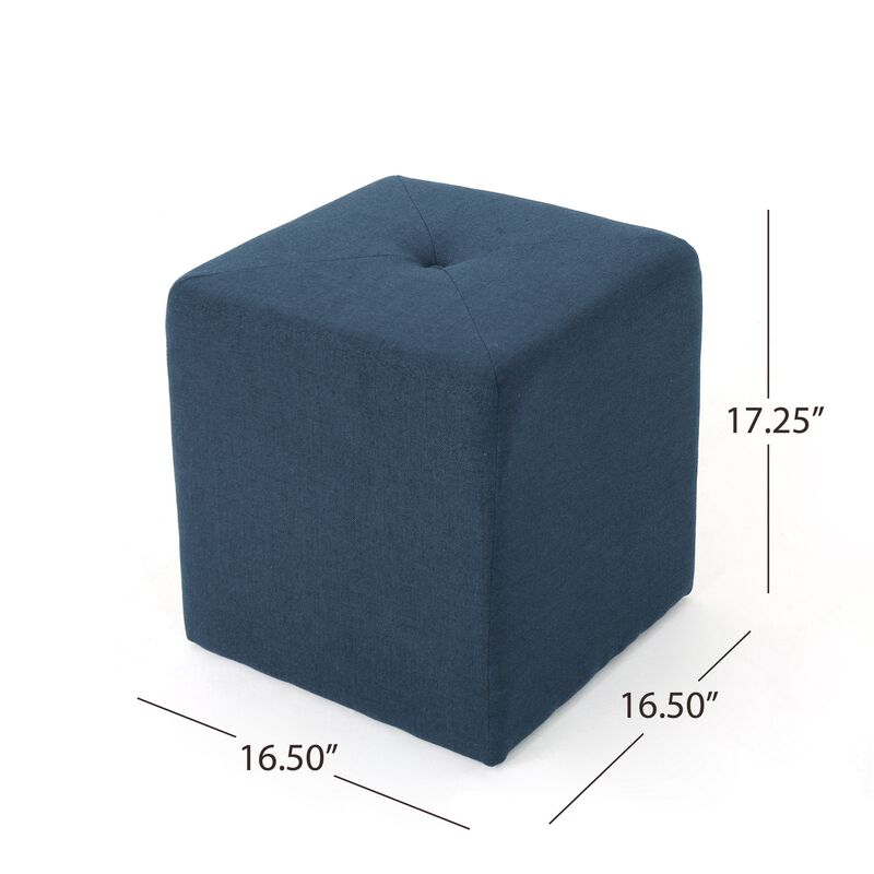 Liasa Ottoman, Cube Shape, Navy Blue Fabric, Plush Cushion, 17 Inch -Benzara