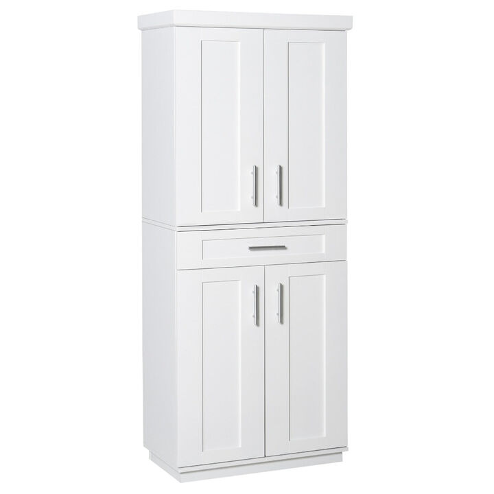 White Kitchen Storage: 4-Door Pantry Cabinet with Drawer and Shelves