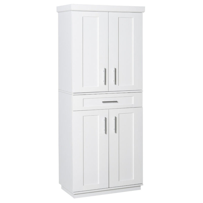 White Kitchen Storage: 4-Door Pantry Cabinet with Drawer and Shelves