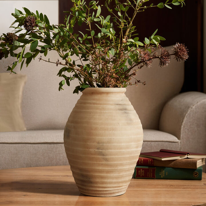 LuxenHome Rustic Brown Ribbed Terracotta 13.2-Inch Tall Urn Vase