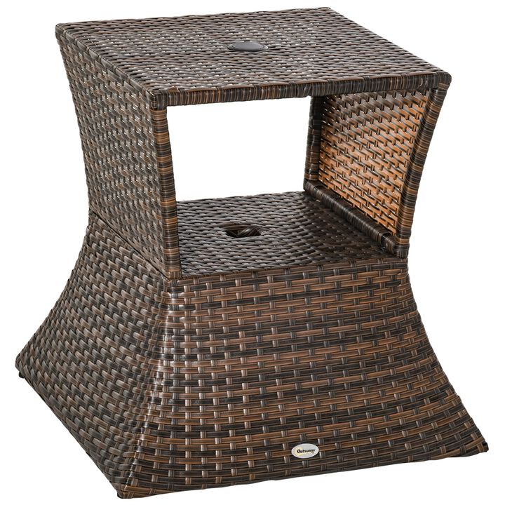 Mixed Brown Garden Table: 2-Tier Rattan Wicker Side Table with Umbrella Hole