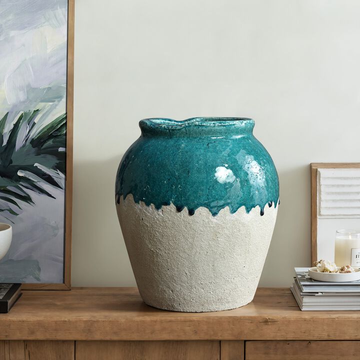 LuxenHome Green and White Stoneware 11.4-Inch Tall Indoor and Outdoor Jar Vase