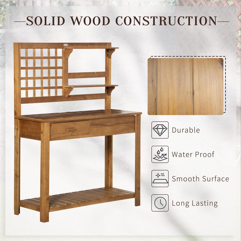 Brown Garden Station: Wooden Potting Bench with Shelves and Drawer