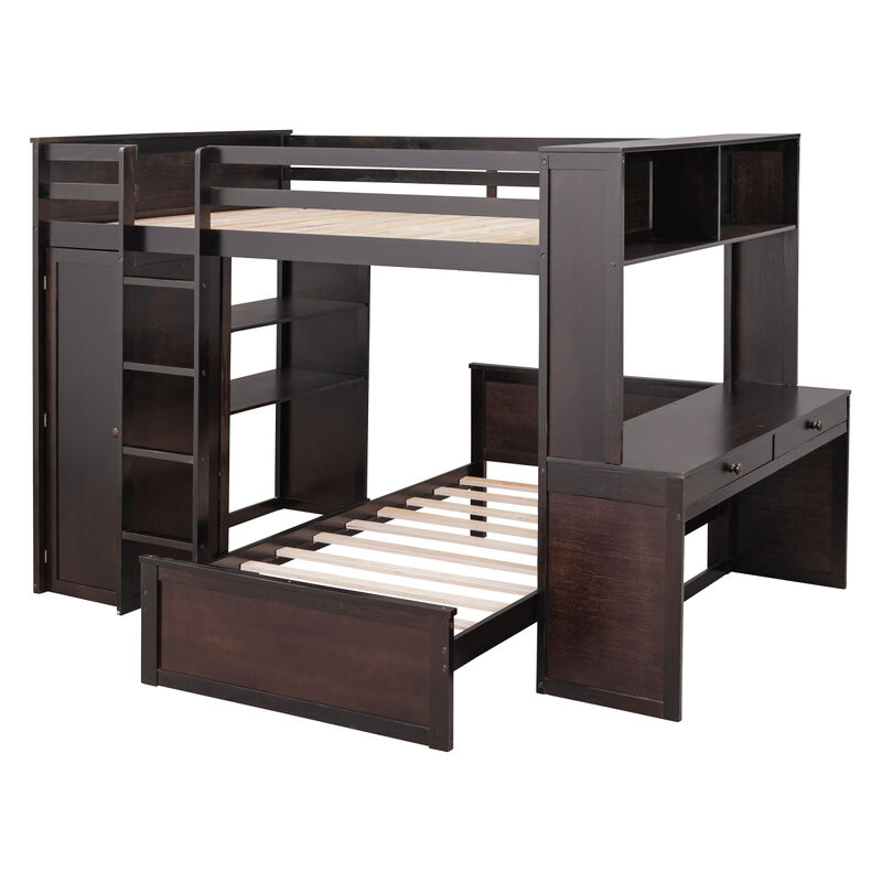Full Size Loft Bed With A Twin Size Stand-Alone Bed, Shelves, Desk, And Wardrobe