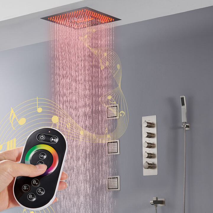 Mondawe 64 Colors LED Light and Music 4 Functions 5 Sprays Flush Ceiling Mounted Thermostatic Shower System with 3 Body Jets and Rough-in Valve in Brushed Gold