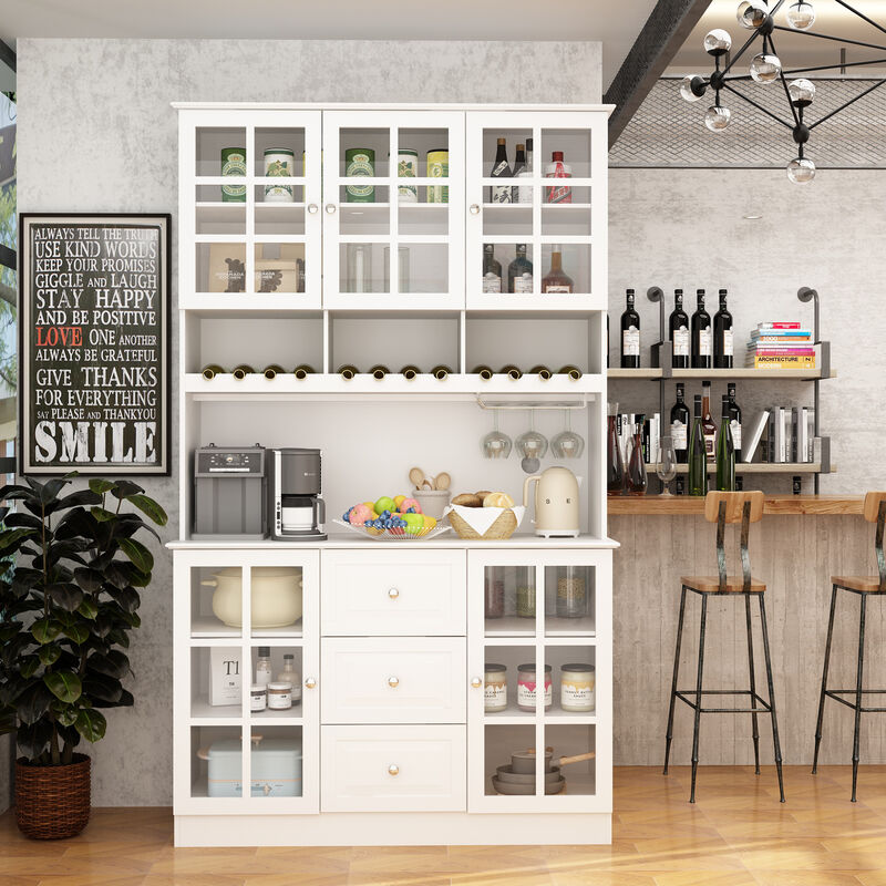 White Wooden Sideboard, Food Pantry, Storage Cabinet with 3 Drawers, 13 Shelves and Wine Rack