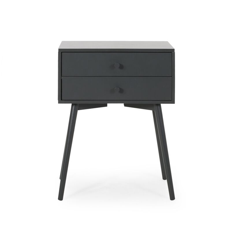 Cale Side Table, 2 Drawer 18 Inch Rectangular, Grooved Gray Rubberwood - Benzara