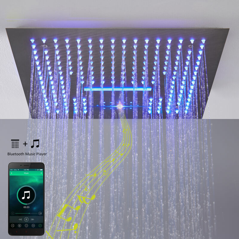 Mondawe 64 Colors LED Light and Music 4 Functions 5 Sprays Flush Ceiling Mounted Thermostatic Shower System with 3 Body Jets and Rough-in Valve in Brushed Gold
