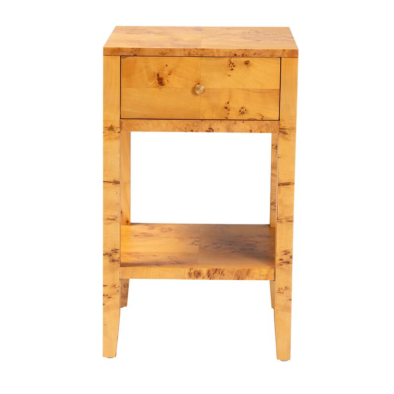 bali & pari Ghina Modern and Contemporary Natural Light Mappa Burl Wood 1 Drawer Nightstand
