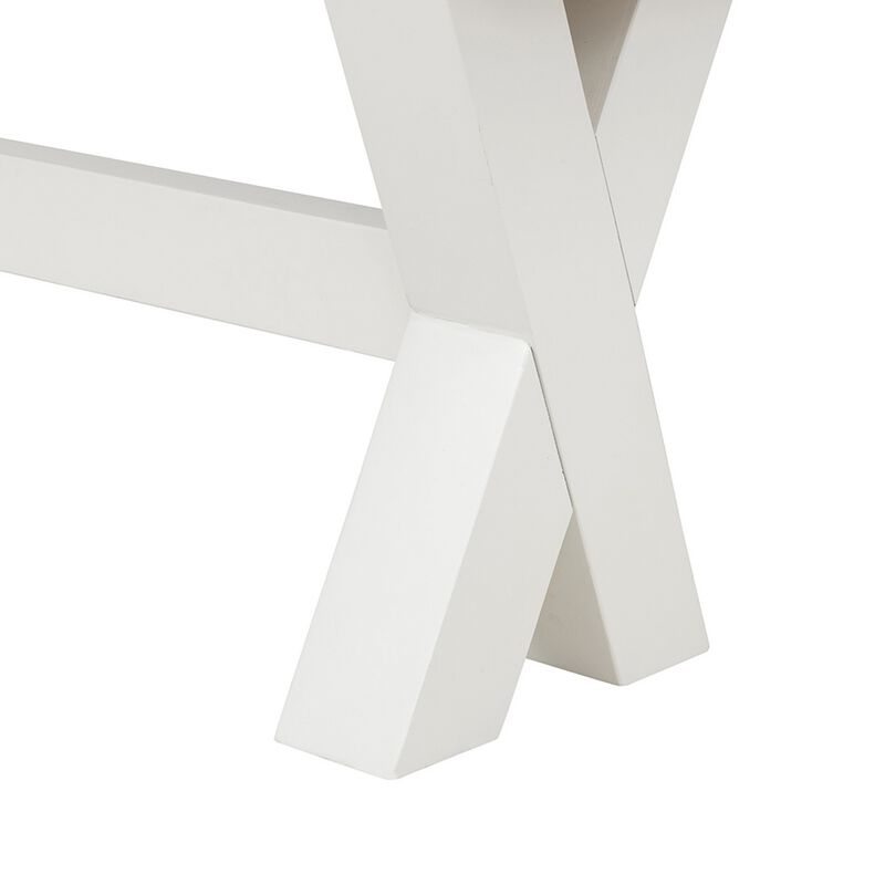 70 Inch Dining Bench, White X Leg Trestle Base, Acacia Wood, Brown Seat - Benzara