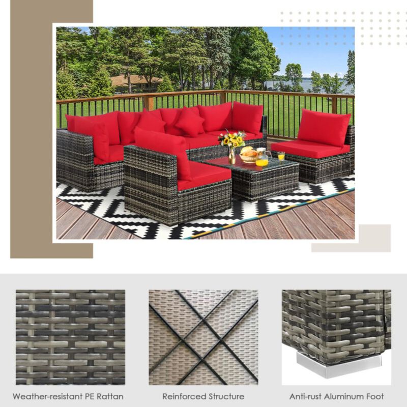 Hivvago 7 Pieces Patio Rattan Furniture Set Sectional Sofa Garden Cushion