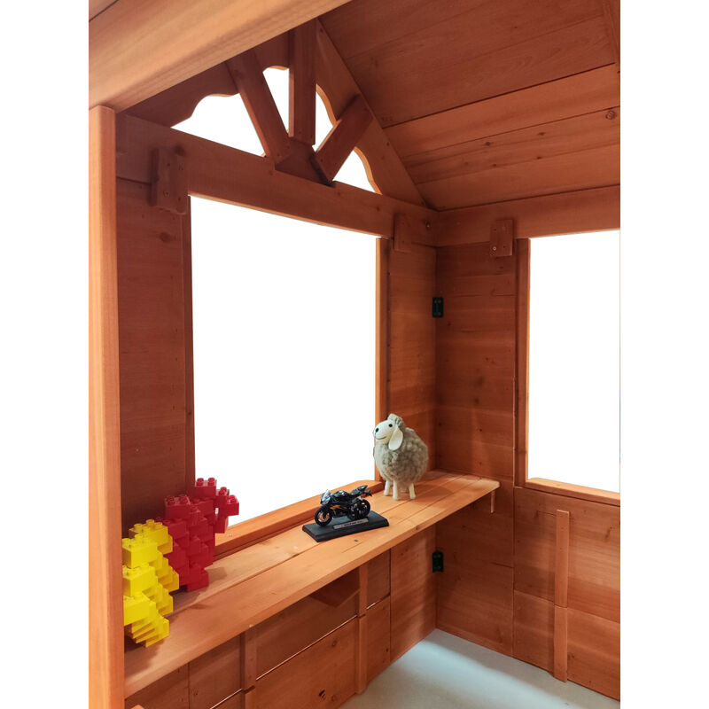 All Wooden Kids Playhouse With 2 Windows And Flower Pot Holder, 42"L x 46"W x 55" H