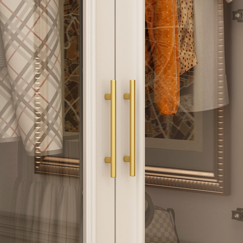 FUFU&GAGA  Elegant Armoire with Glass Doors, Hanging Rods, and Spacious Drawers for Organized Bedroom Storage (31.7" W x 19.3" D x 74.9" H) White