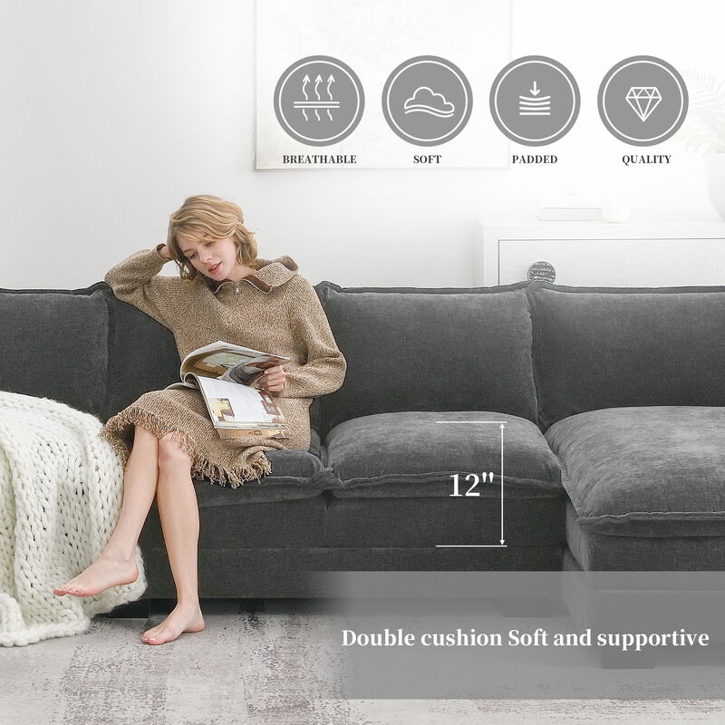 MONDAWE Modern L-shaped Chenille Cloud Sofa with Double Seat Cushions,5-seat Upholstered Indoor Furniture,Sleeper Sofa Couch with Chaise Lounge