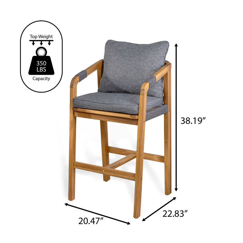 Porto Modern Coastal Tub Roped Acacia Wood Outdoor Bar Stool with Cushions and Armrests