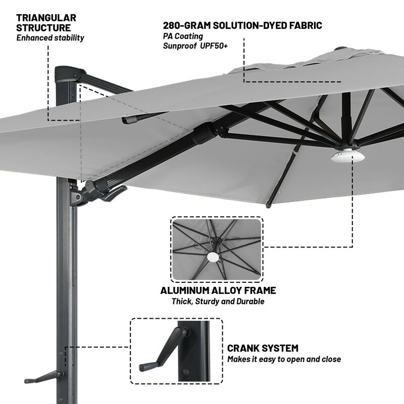 10 ft 360° Rotation Square Cantilever Patio Umbrella with BaseandBT in Gray