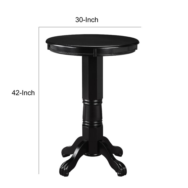 Ava 42 Inch Wood Pub Bar Table, Molded Trim, Carved Pedestal, Black-Benzara