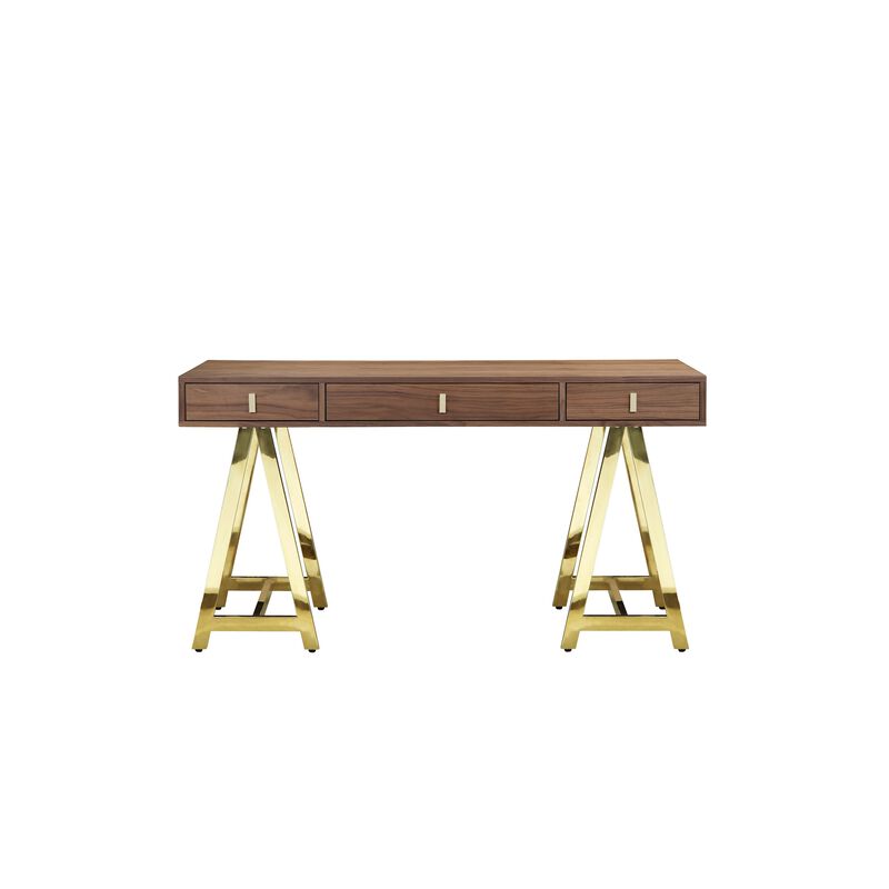 Ile 55 Inch Desk with 3 Storage Drawers, Brown Wood Veneer, Gold Metal - Benzara