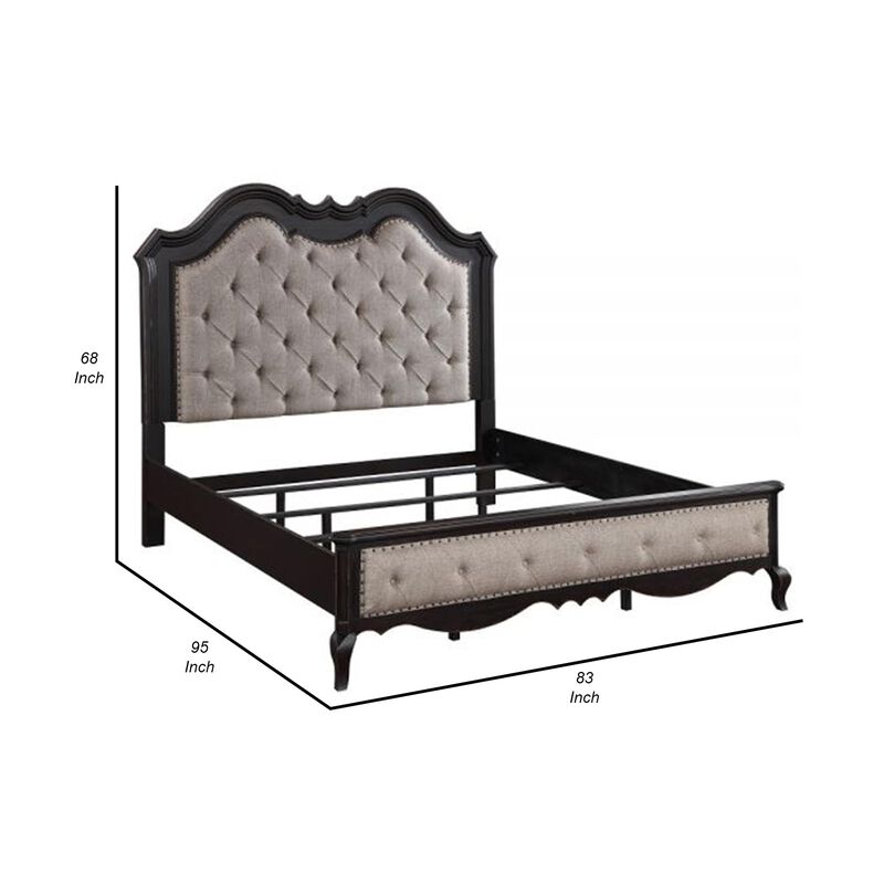 Benjara Chery California King Bed, Button Tufted Headboard, Fabric, Beige, Black