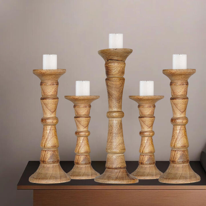 Traditional Wallnut Eco-friendly Handmade Mango Wood Set Of Five 9",12",15",12" & 9" Pillar Candle Holder BBH