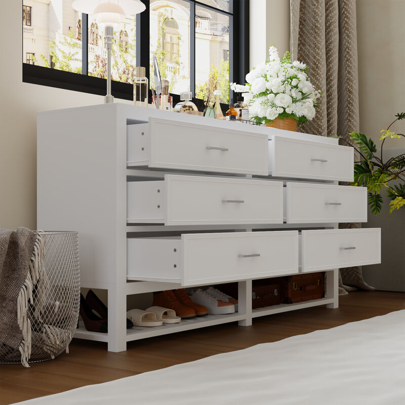FUFU&GAGA Modern White 6-Drawer Dresser with Open Storage Shelf,（63” W x 15.7” D x 33.1” H), White