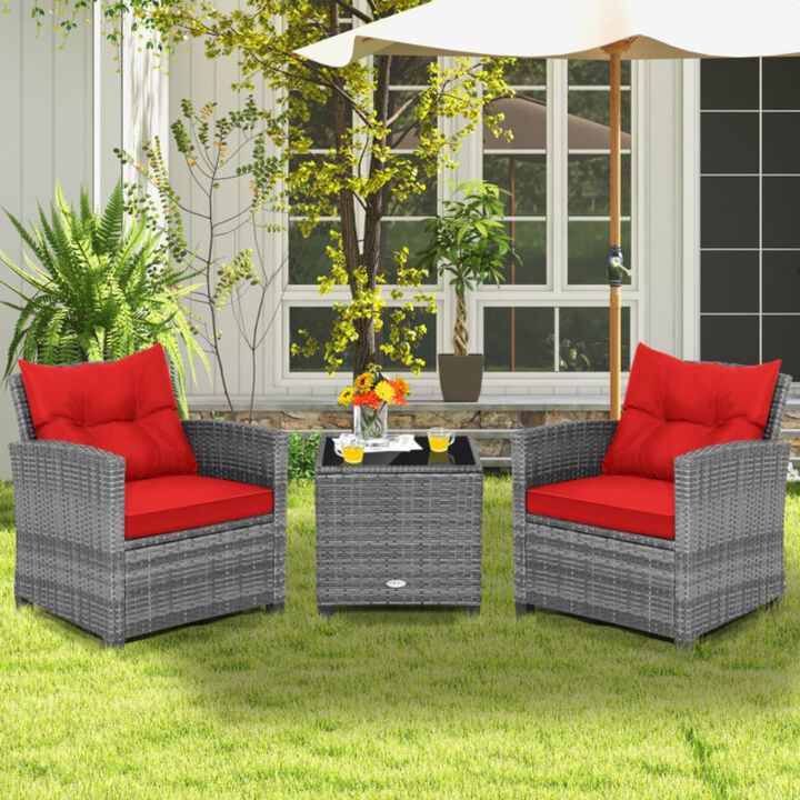 Hivvago 3 Pieces Outdoor Wicker Conversation Set with Tempered Glass Tabletop