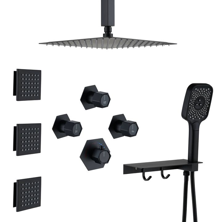 Mondawe Free Combination Handles Wall Mounted 12 Inch Thermostatic 3 Functions 5 Sprays Luxury Shower System with 6 Body Jets and Rough-in Valve Included in Brushed Nickel