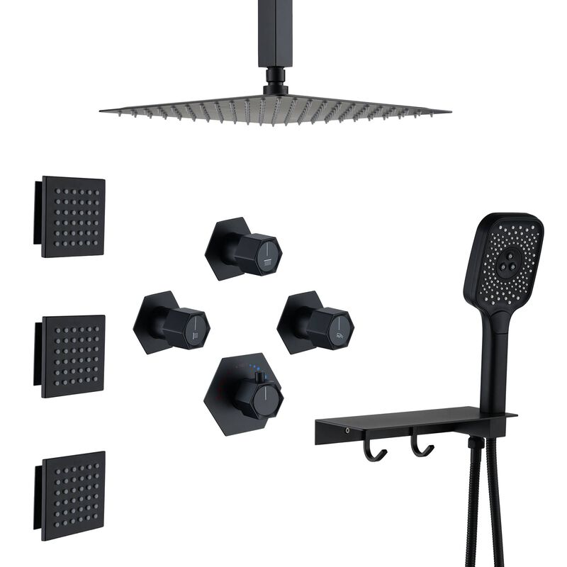 Mondawe Free Combination Handles Wall Mounted 12 Inch Thermostatic 3 Functions 5 Sprays Luxury Shower System with 6 Body Jets and Rough-in Valve Included in Brushed Nickel