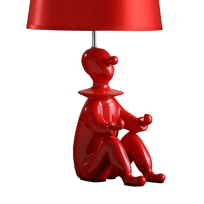 Fabric Shade Table Lamp with Polyresin Sitting Clown Base, Red - Benzara