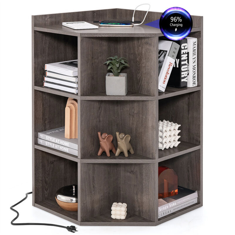 3-Tier Corner Cabinet with Built-In Charging Station & Storage Shelves