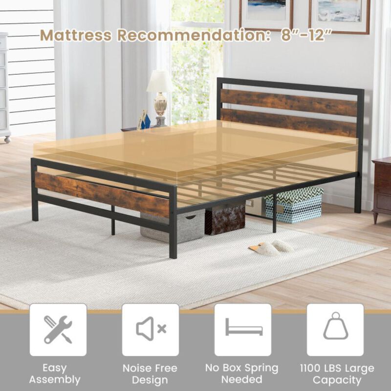 Hivvago Industrial Bed Frame with Rustic Headboard and Footboard