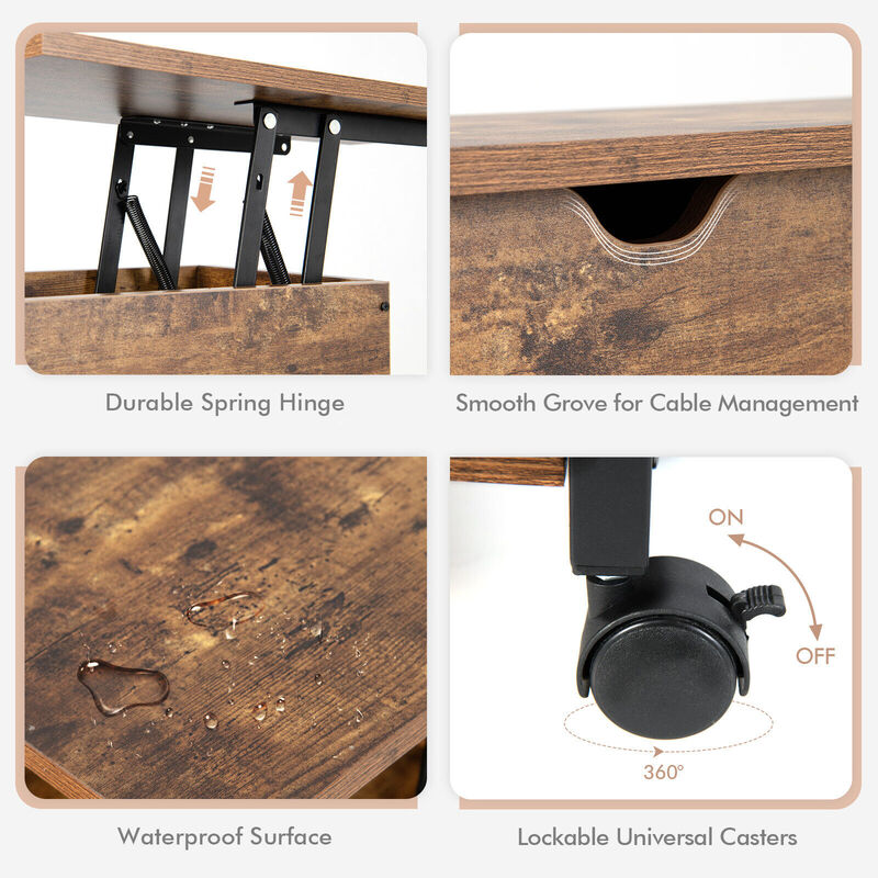Lift Top End Table with Charging Station and Universal Wheels-Rustic Brown