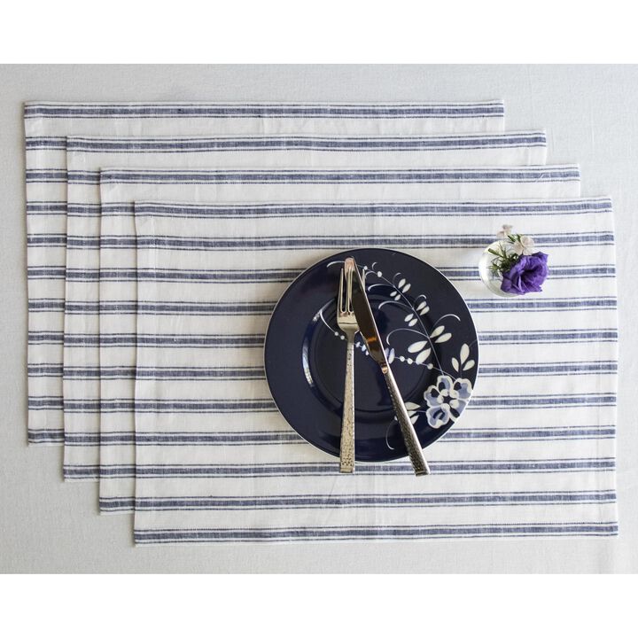 Solino Home 100% Pure Linen Placemats 14 x 19 Inch Set of 4 |Capri Ticking Stripe