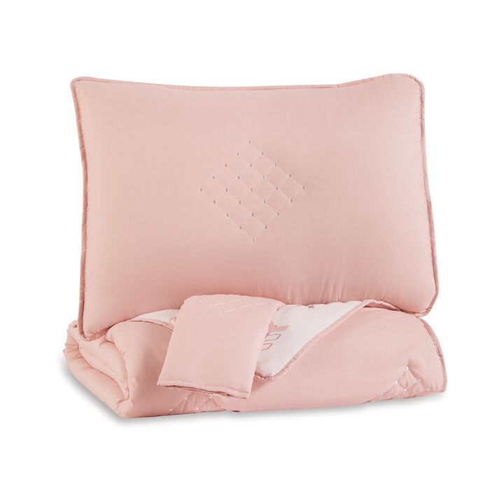 Maxie Full Size Comforter Set with Sham, Pink, White, Polyester, Polyfill - Benzara