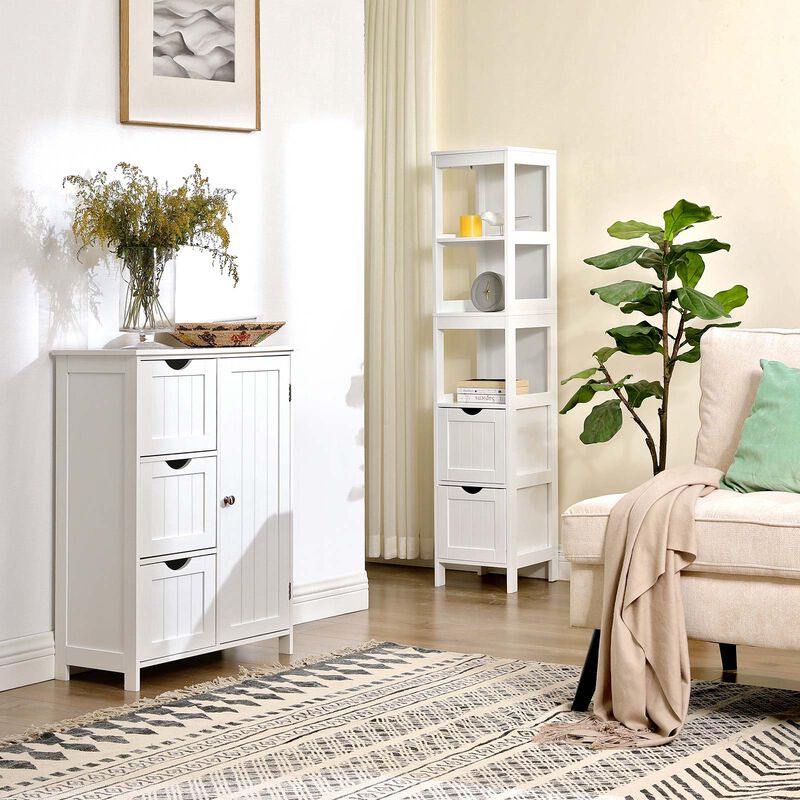 Bathroom Tall Cabinet, Linen Tower, Floor Storage Cupboard, with 2 Drawers and 3 Open Shelves