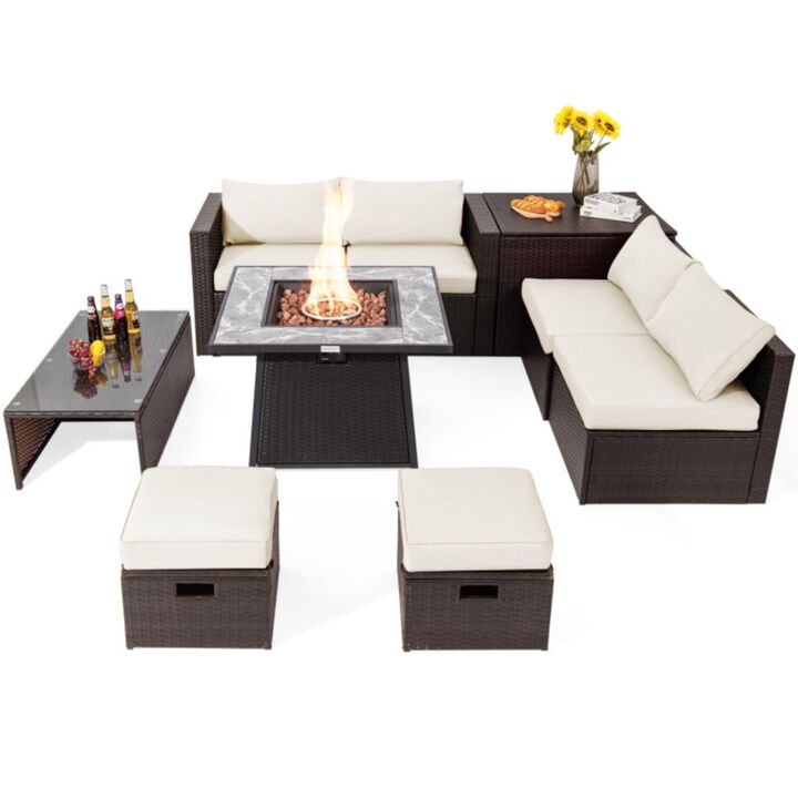 Hivvago 9 Pieces Patio PE Wicker Sectional Set with 50000 BTU Fire Pit Table