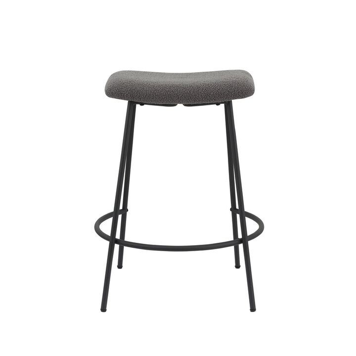 Ast 26 Inch Set of 2 Counter Height Stools, Saddle Seat,  Black Metal, Gray - Benzara