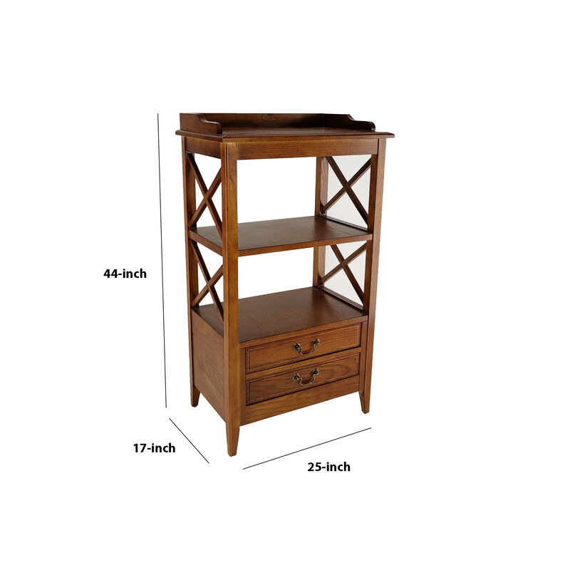 X Frame Wooden Rack with 2 Drawers and Open Shelf, Brown-Benzara