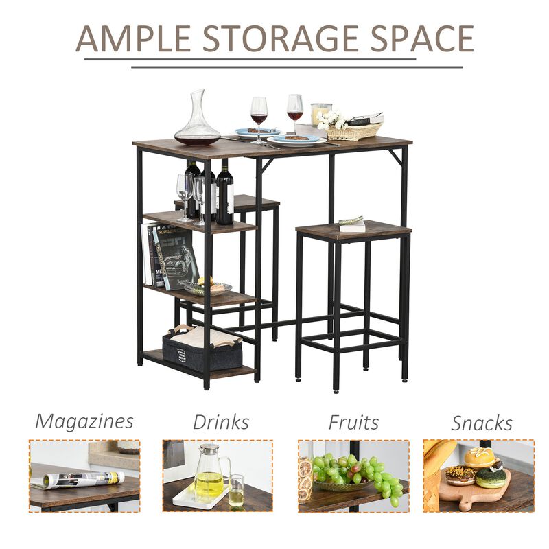 Rustic Bar Dining: 3-Piece Set with Brown/Black Table and Storage Stools