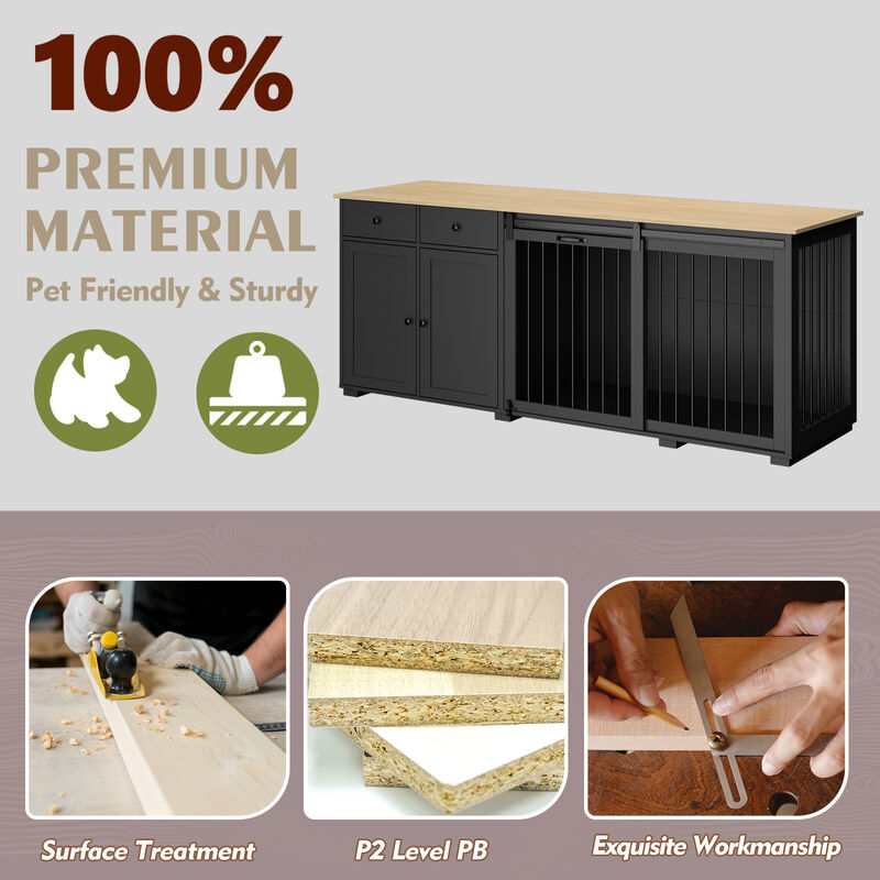 Large Dog House Furniture Dog Crate Storage Cabinet, Dog Cage with 2-Drawers and Sliding Door for Large Dogs, Black